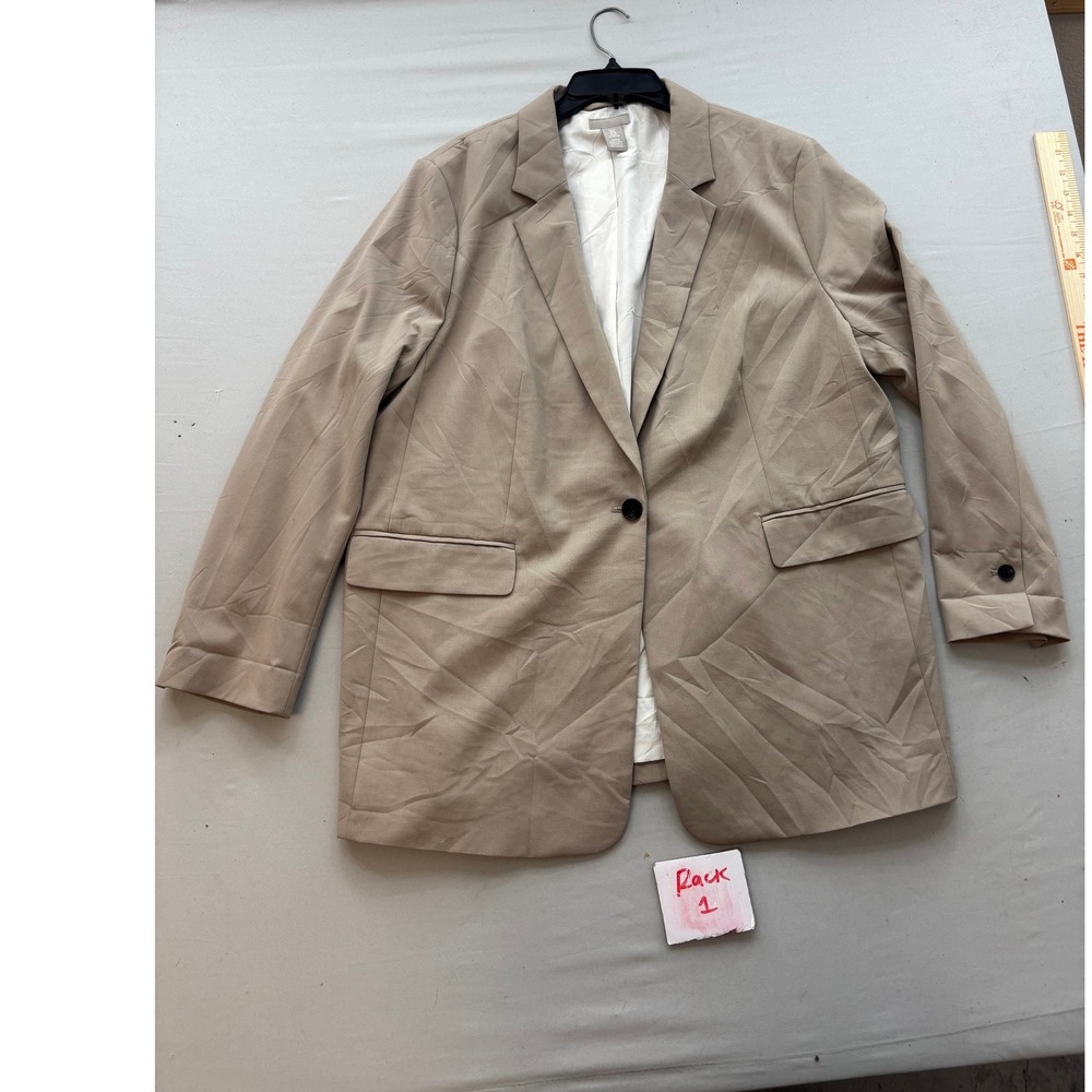 HM Womens Oversized Single Button Blazer Tan Beige Jacket XL Lined Professional